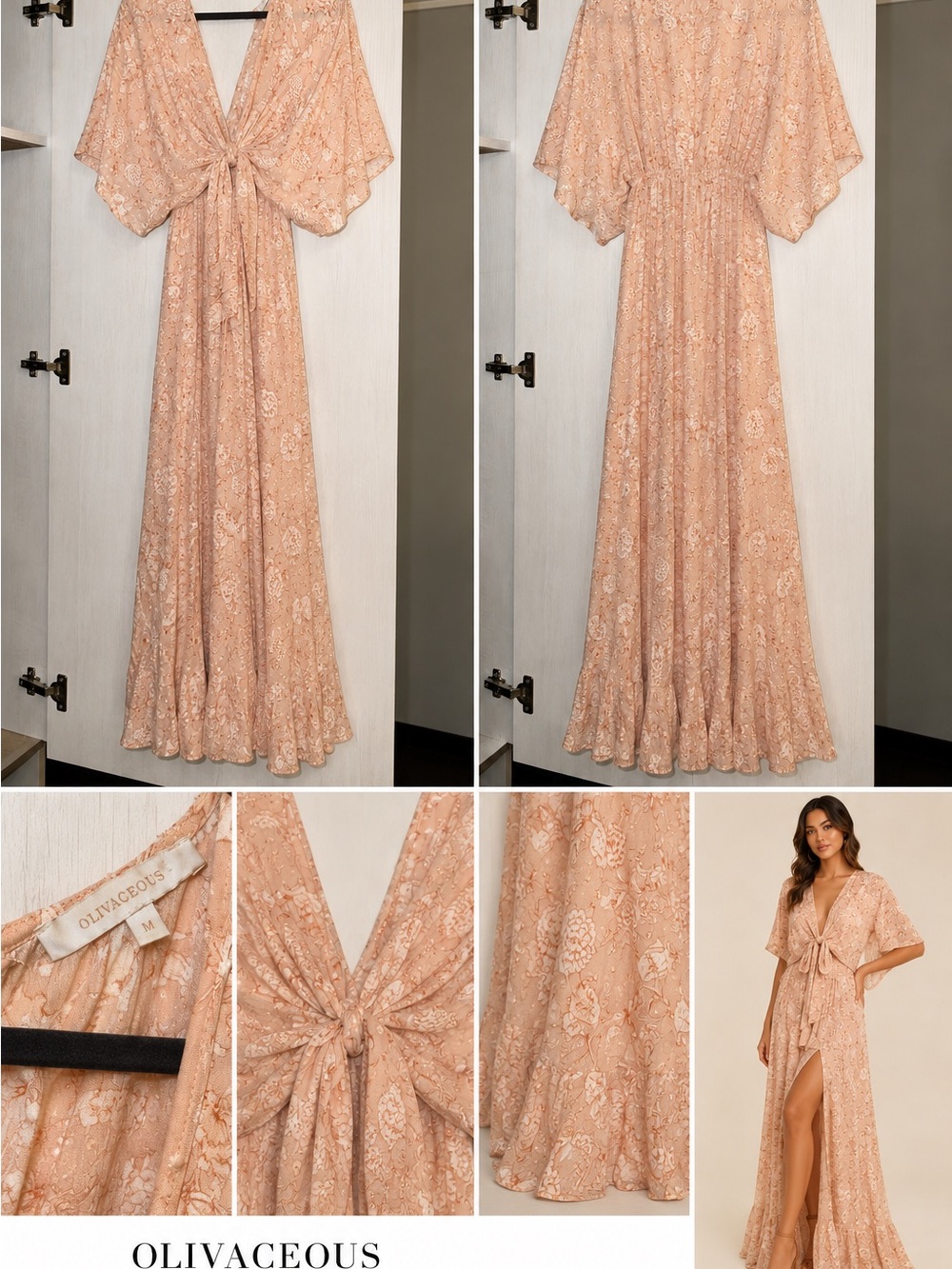 Olivaceous Blush Peach Floral Tie-Front Maxi Dress
